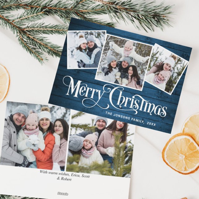 Cartes Pour Fêtes Annuelles 5 PHOTO Noël Rustique Bleu Bois Salutation (Créateur téléchargé)