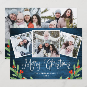 Cartes Pour Fêtes Annuelles 5 PHOTO Noël Rustique Bleu Bois Salutation