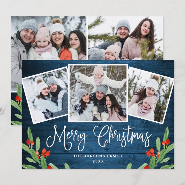 Cartes Pour Fêtes Annuelles 5 PHOTO Noël Rustique Bleu Bois Salutation (Devant / Derrière)