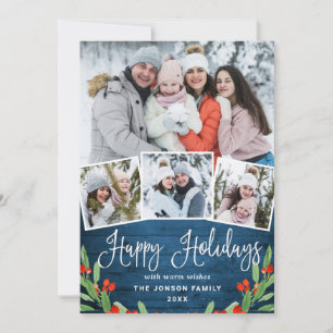 Cartes Pour Fêtes Annuelles 5 PHOTO Noël Rustique Bleu Bois Salutation
