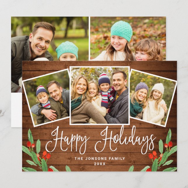 Cartes Pour Fêtes Annuelles 5 PHOTO Noël Rustique Brown Bois Salutation (Devant / Derrière)