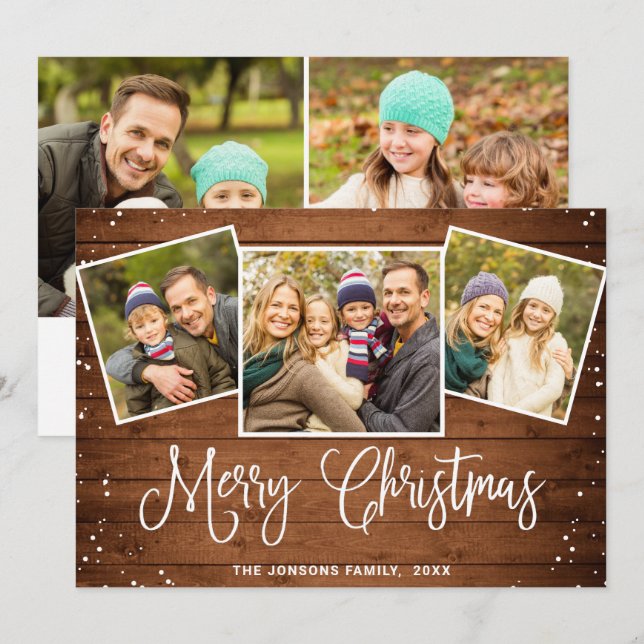 Cartes Pour Fêtes Annuelles 5 PHOTO Noël Rustique Brown Bois Salutation (Devant / Derrière)