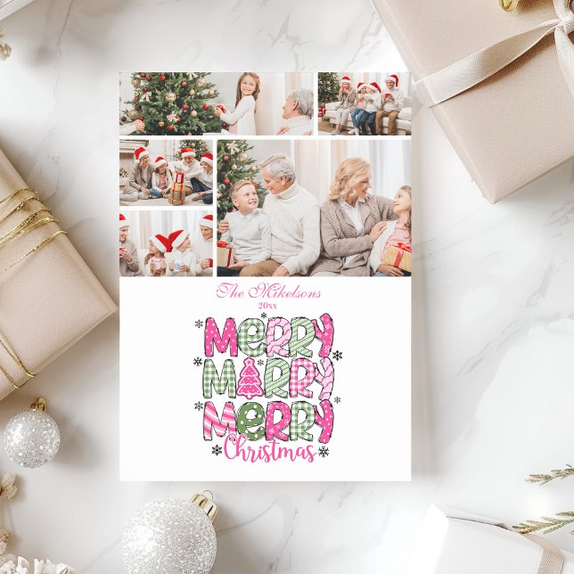 Cartes Pour Fêtes Annuelles 5 Photo Pink Green Merry Christmas Holiday (Créateur téléchargé)