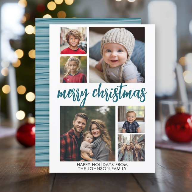 Cartes Pour Fêtes Annuelles 6 Photo Collage Joyful Joyry Christmas Bande bleue (Modern Christmas Photo Greeting Card)
