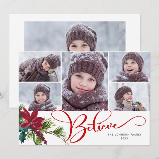 Cartes Pour Fêtes Annuelles 6 Photo Elegant Poinsettia Noël CROIRE (Devant / Derrière)