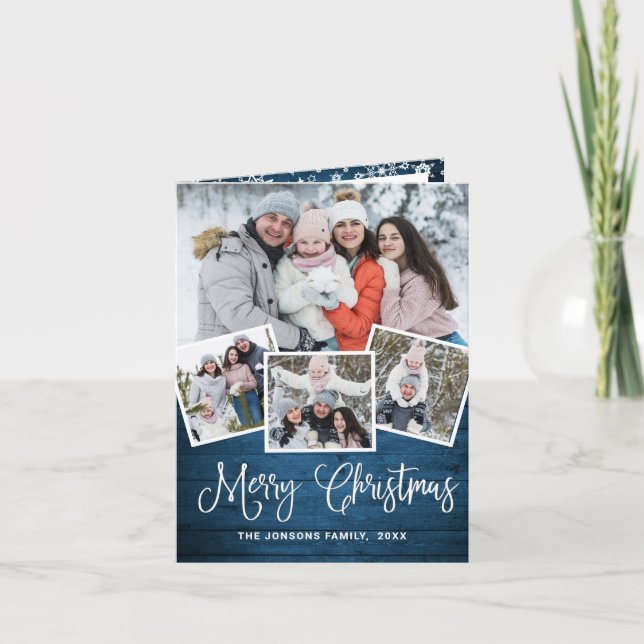 Cartes Pour Fêtes Annuelles 6 PHOTO Noël Rustique Bleu Bois Salutation (Devant)