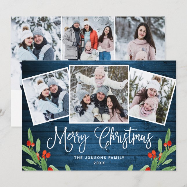 Cartes Pour Fêtes Annuelles 6 PHOTO Noël Rustique Bleu Bois Salutation (Devant / Derrière)