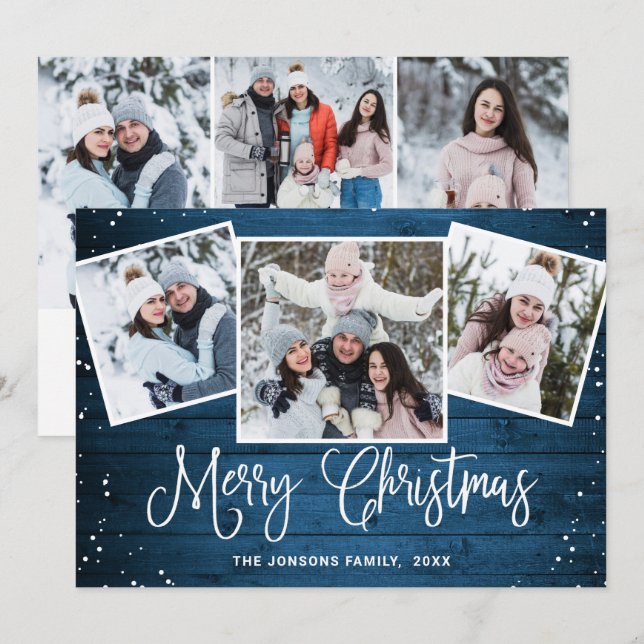 Cartes Pour Fêtes Annuelles 6 PHOTO Noël Rustique Bleu Bois Salutation (Devant / Derrière)