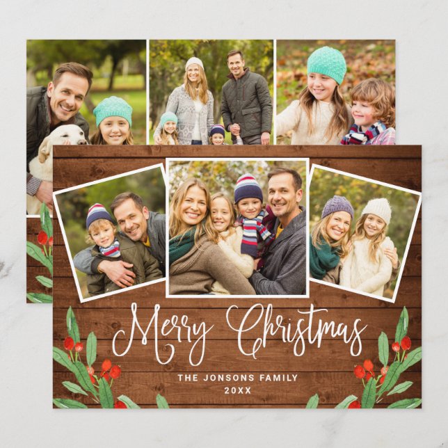 Cartes Pour Fêtes Annuelles 6 PHOTO Noël Rustique Brown Bois Salutation (Devant / Derrière)