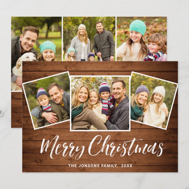 Cartes Pour Fêtes Annuelles 6 PHOTO Noël Rustique Brown Bois Salutation (Devant / Derrière)
