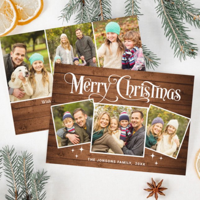 Cartes Pour Fêtes Annuelles 6 PHOTO Noël Rustique Brown Bois Salutation Boho (Créateur téléchargé)