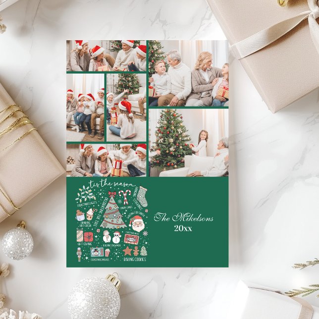Cartes Pour Fêtes Annuelles 6 Photo Tis The Season Retro Green Christmas (Créateur téléchargé)