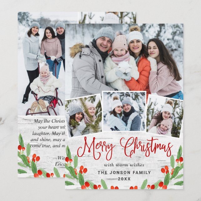 Cartes Pour Fêtes Annuelles 7 PHOTO Noël Rustic Birk Bark Salutation (Devant / Derrière)