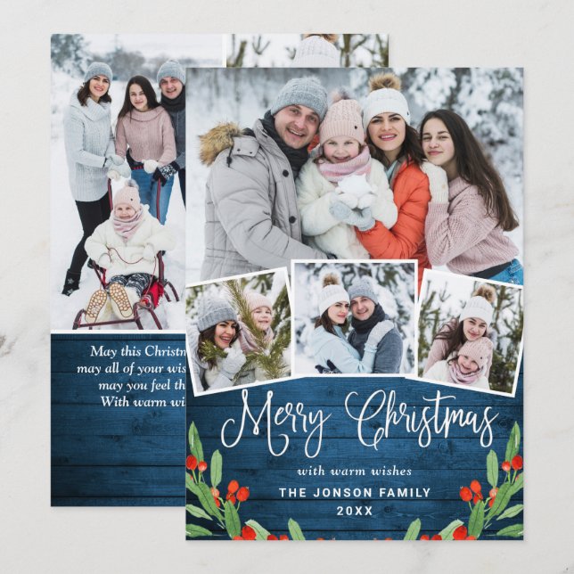 Cartes Pour Fêtes Annuelles 7 PHOTO Noël Rustique Bleu Bois Salutation (Devant / Derrière)