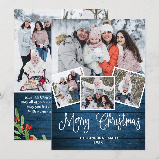 Cartes Pour Fêtes Annuelles 7 PHOTO Noël Rustique Bleu Bois Salutation (Devant / Derrière)