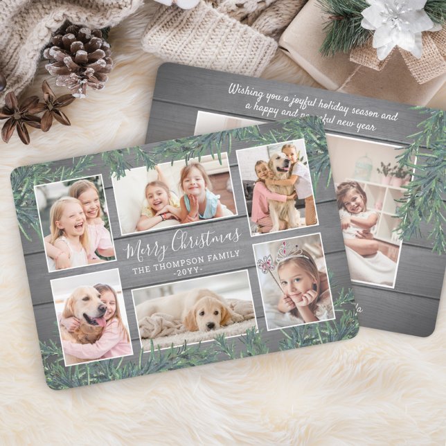 Cartes Pour Fêtes Annuelles 7 Photo Noël Vert et gris rustique Bois (Créateur téléchargé)