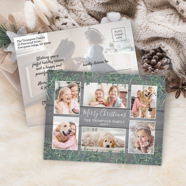 Cartes Pour Fêtes Annuelles 7 Photo Noël Vert et gris rustique Bois (Créateur téléchargé)