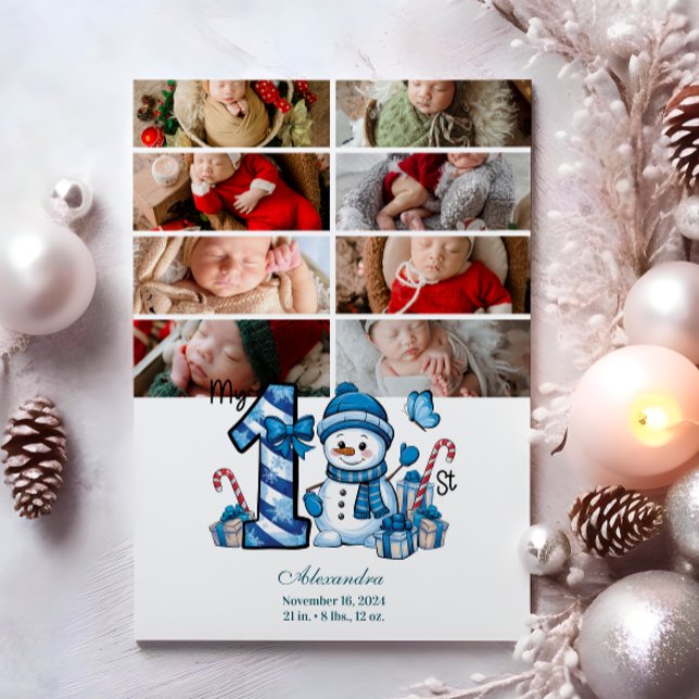 Cartes Pour Fêtes Annuelles 8 Photo Blue Snowman Premier Noël (Créateur téléchargé)