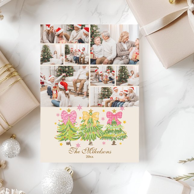 Cartes Pour Fêtes Annuelles 8 Photo Bright Ribbon Trees Holiday Family (Créateur téléchargé)