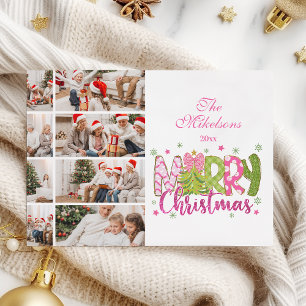 Cartes Pour Fêtes Annuelles 8 Photo Rose Vert Ruban Arbre Joyeux Noël