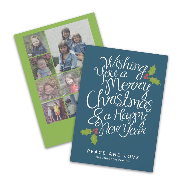Cartes Pour Fêtes Annuelles 9 Photo Calligraphie Whimsical Noël HNY (9 Photo Whimsical Christmas Card)