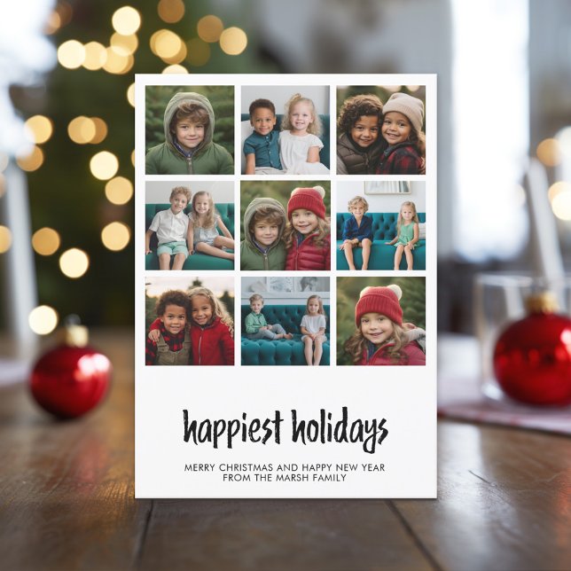 Cartes Pour Fêtes Annuelles 9 Photo Happiest minimum Noël noir blanc (Modern, Minimal Christmas Photo Collage with 9 Photos)