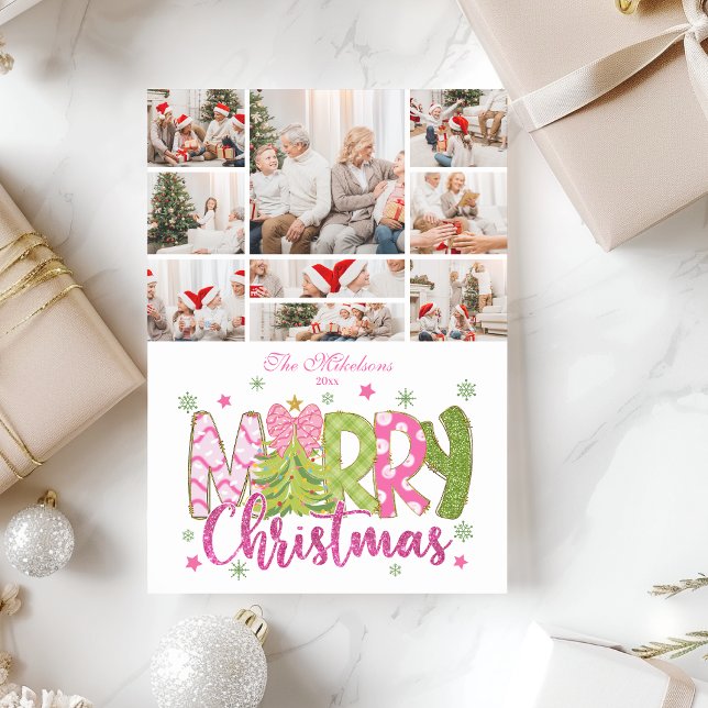 Cartes Pour Fêtes Annuelles 9 Photo Pink Green Bow Tree Merry Christmas (Créateur téléchargé)