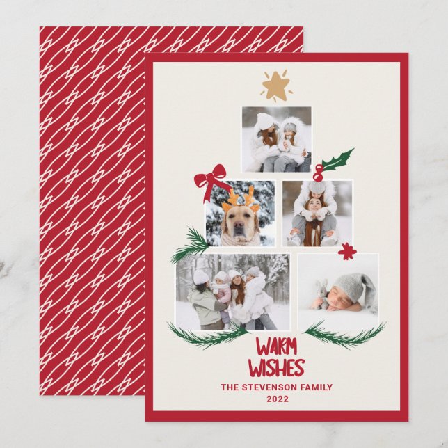 Cartes Pour Fêtes Annuelles Abstrait 5 photos Noël arbre rouge ecru souhaits (Devant / Derrière)