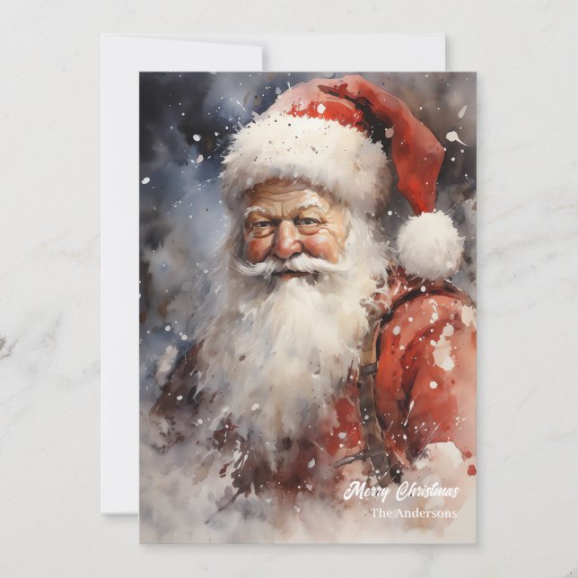 Cartes Pour Fêtes Annuelles Accueil aquarelle Père Noël souriant (Devant)