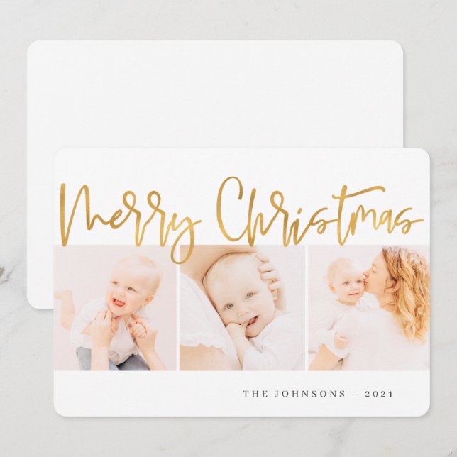 Cartes Pour Fêtes Annuelles Accueil de Noël Or moderne Trois photos (Devant / Derrière)