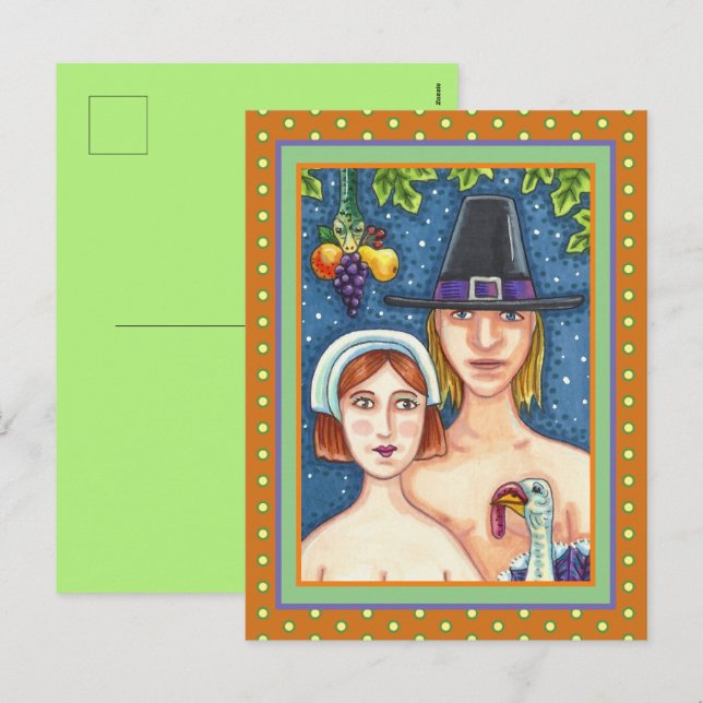 CARTES POUR FÊTES ANNUELLES ADAM & EVE PILGRIMS, BIBLICAL WHIMSY MERCI (Devant / Derrière)