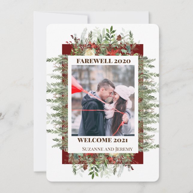 Cartes Pour Fêtes Annuelles Adieu 2020 Bienvenue 2021 Photo de vacances Pine (Devant)