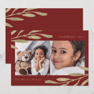 Cartes Pour Fêtes Annuelles Adieu 2022 Faux Gold Botanical Two Photo Rouge