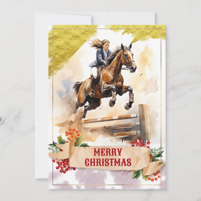 Cartes Pour Fêtes Annuelles Ado de Noël Cheval à cheval sur saut (Devant)