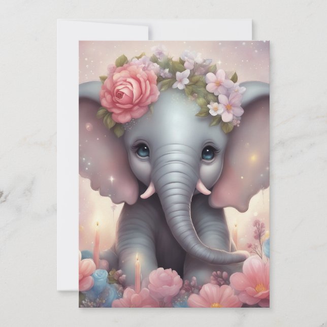 Cartes Pour Fêtes Annuelles Adorable bébé éléphant avec fleurs (Devant)