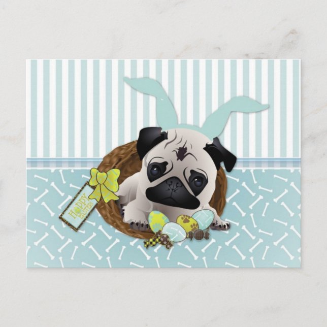 Cartes Pour Fêtes Annuelles Adorable Carlins de Pâques avec oeufs, paniers (Devant)