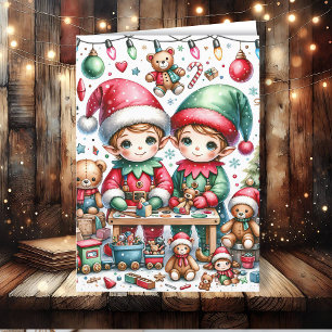 Cartes Pour Fêtes Annuelles Adorable elfes de Noël dans leur boutique de jouet