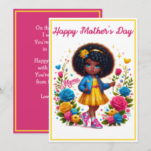 Cartes Pour Fêtes Annuelles Adorable Fille Afro Jaune/Fleur Rose Fête des Mère