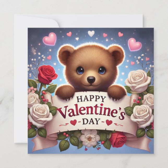 Cartes Pour Fêtes Annuelles Adorable ours en peluche avec Roses (Devant)