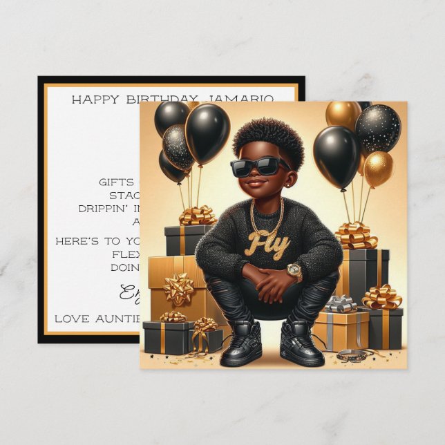 Cartes Pour Fêtes Annuelles African American Boy Black/Gold Anniversaire éléga (Devant / Derrière)