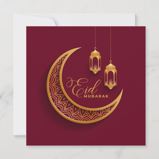 Cartes Pour Fêtes Annuelles Aïd Moubarak Croissant d'or Lanterne islamique rou (Devant)