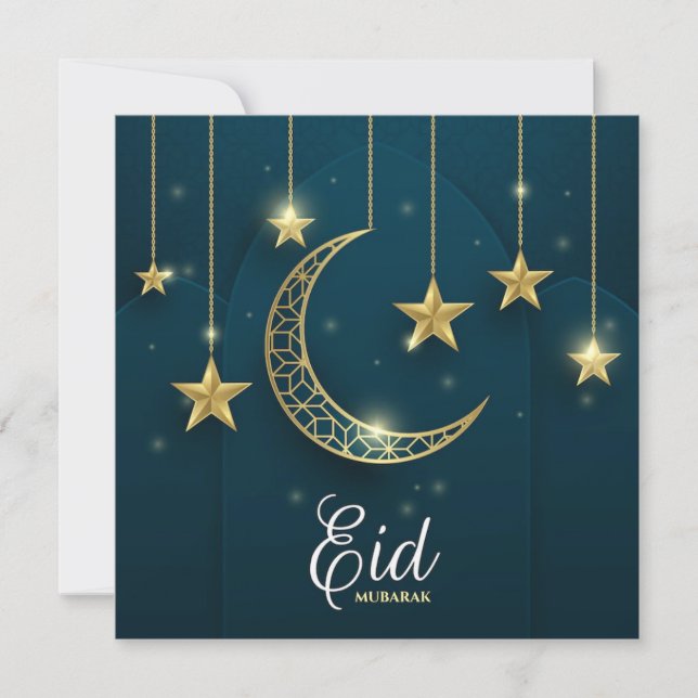 Cartes Pour Fêtes Annuelles Aïd Moubarak Lune d'or et étoiles (Devant)