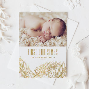Cartes Pour Fêtes Annuelles Aiguilles de pin d'or Baby Photo de Noël