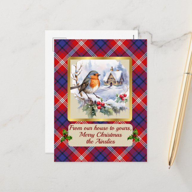 Cartes Pour Fêtes Annuelles Ainslie Tartan avec Robin Personnalisé (Devant/Arrière en situation)