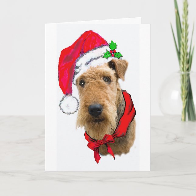 Cartes Pour Fêtes Annuelles Airedale À Santa Hat (Devant)