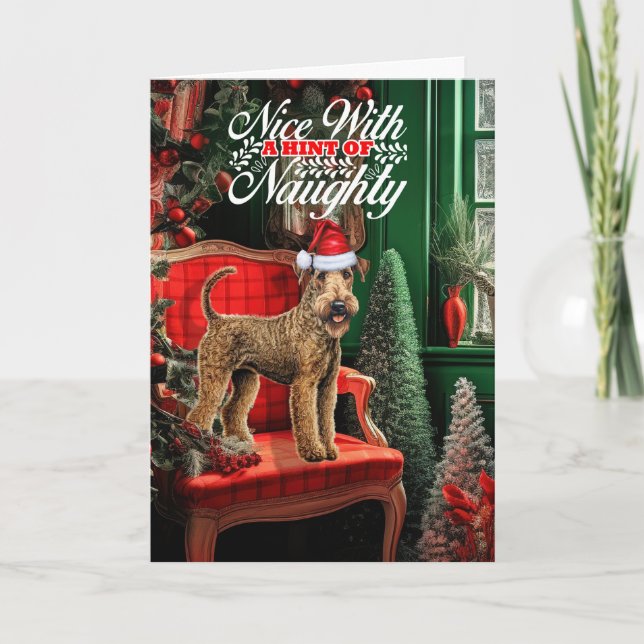 Cartes Pour Fêtes Annuelles Airedale Terrier Chien de Noël Naughty ou Nice (Devant)