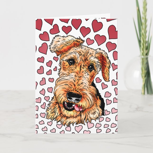 Cartes Pour Fêtes Annuelles Airedale Terrier Coeurs roses Saint Valentin (Devant)