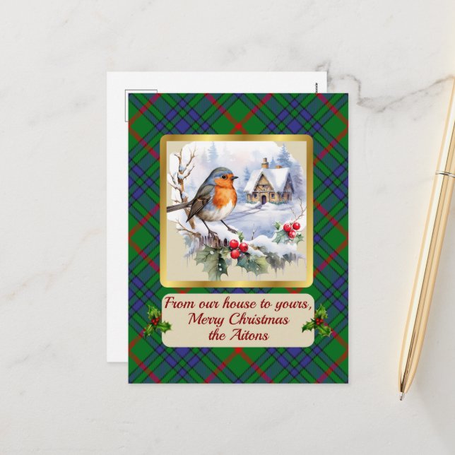 Cartes Pour Fêtes Annuelles Aiton Tartan avec Robin Personnalisé (Devant/Arrière en situation)