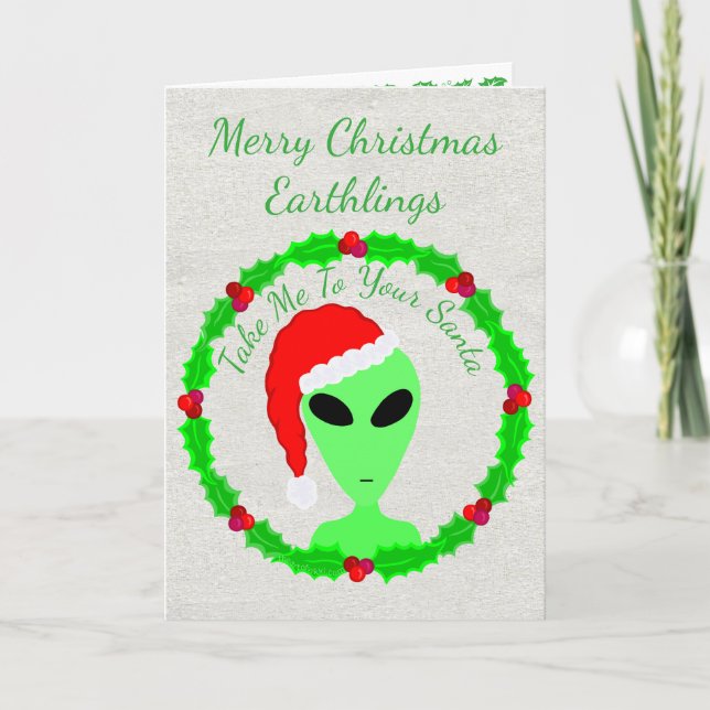 Cartes Pour Fêtes Annuelles Alien Père Noël Holly Joyeux Anneaux de Noël (Devant)