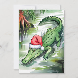 Cartes Pour Fêtes Annuelles Alligator de Noël nageant dans le bayou